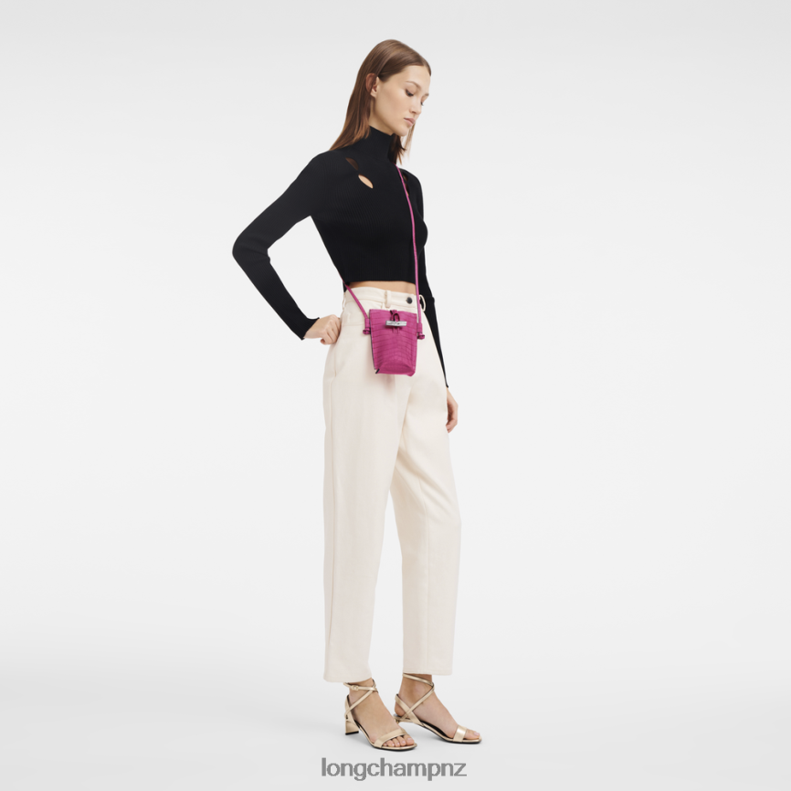 Women Fuchsia Longchamp Roseau Croco Phone case with lace Leather Goods L06408689 - Image 2